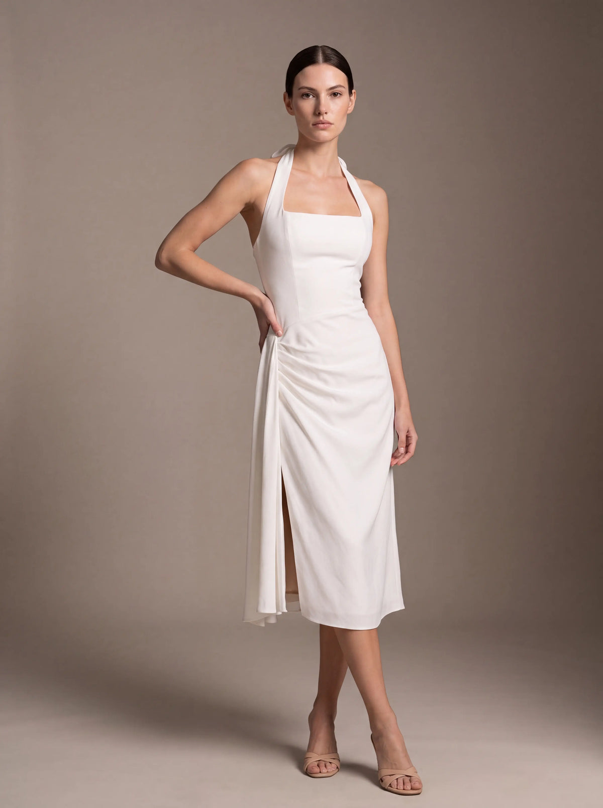 Women's Square Neck Halter Ruched Midi Dress - White