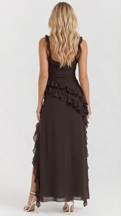 Women's Square Neck Ruffle Maxi Dress - Chocolate Brown