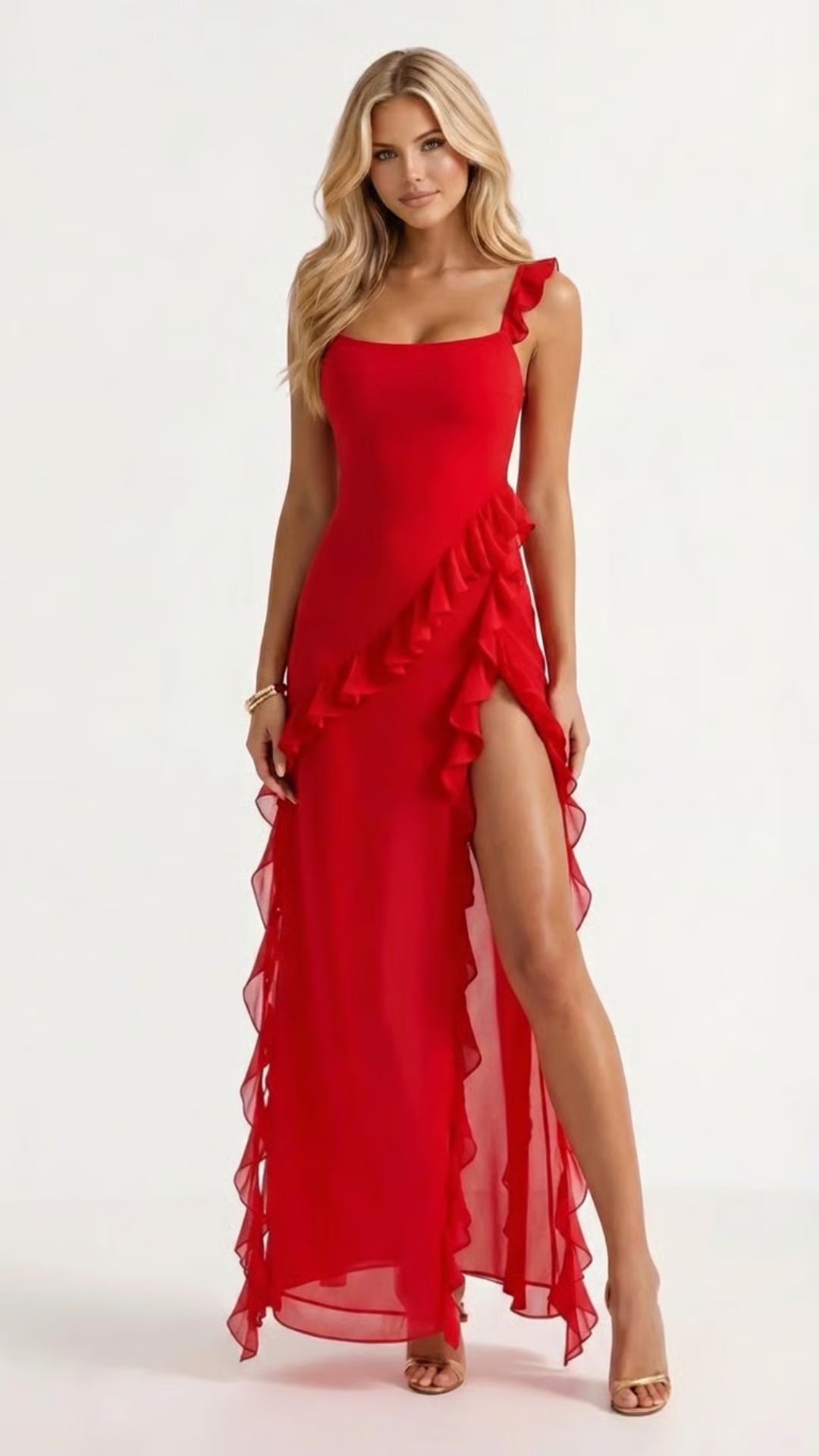 Women's Square Neck Ruffle Maxi Dress - Red