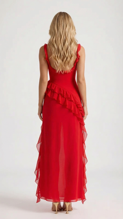 Women's Square Neck Ruffle Maxi Dress - Red