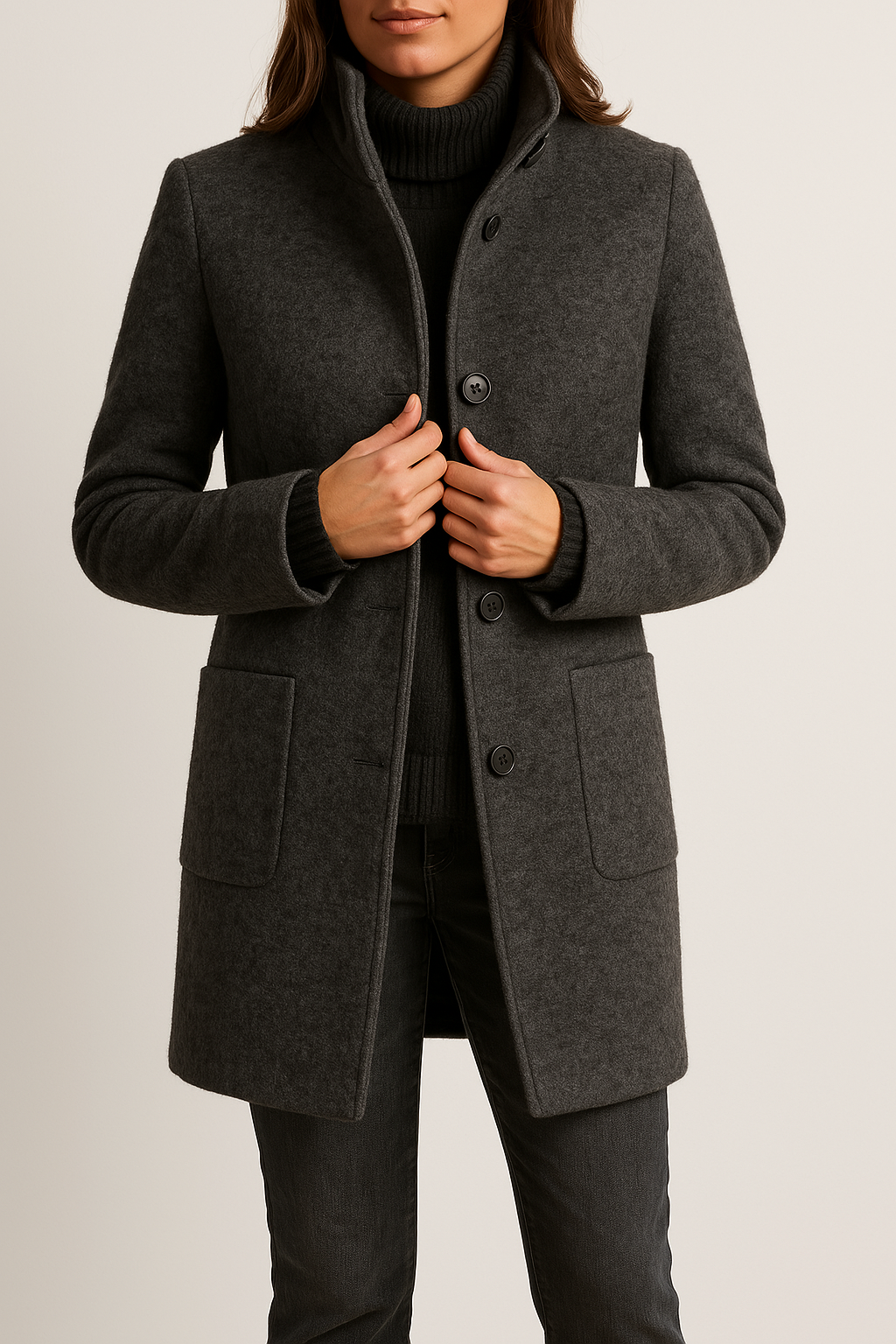 Women's Stand Collar Wool Blend Coat - Black