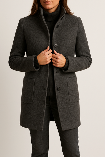 Women's Stand Collar Wool Blend Coat - Black