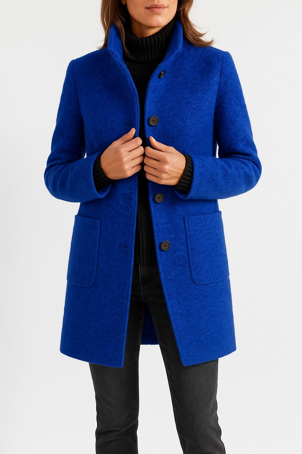 Women's Stand Collar Wool Blend Coat - Blue