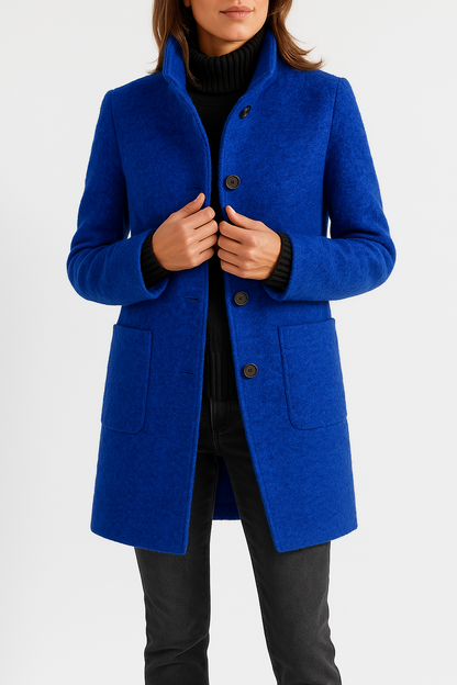Women's Stand Collar Wool Blend Coat - Blue