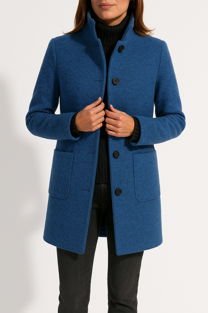 Women's Stand Collar Wool Blend Coat - Dark Blue