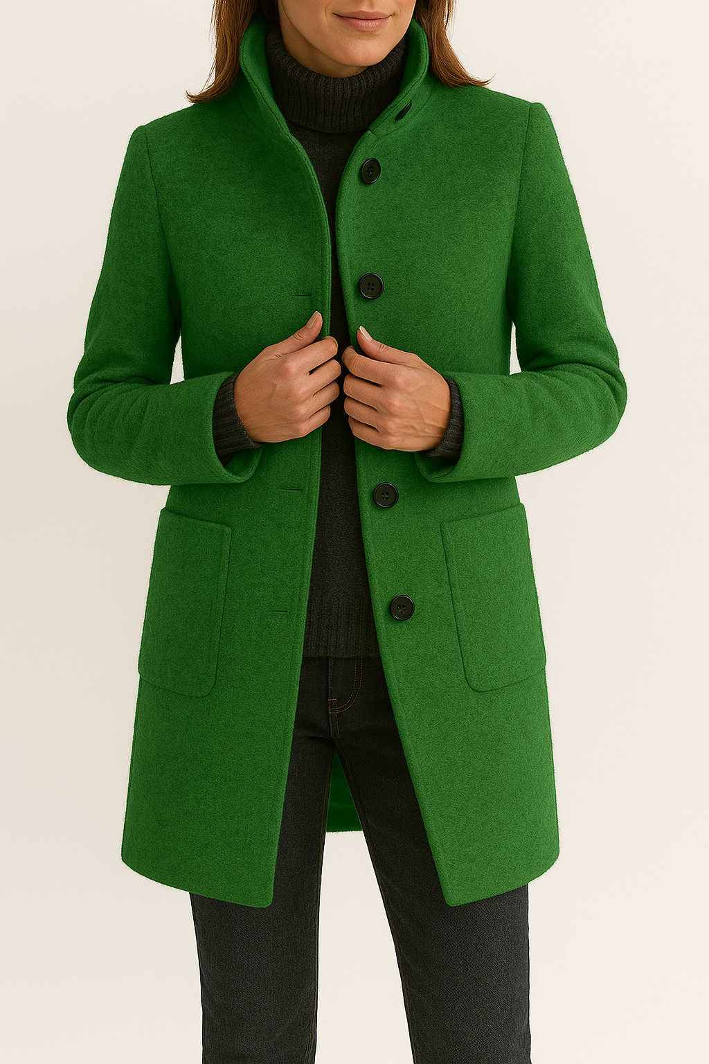 Women's Stand Collar Wool Blend Coat - Green