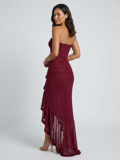 Women's Strapless Cascade Ruffle Formal Maxi Dress - Burgundy