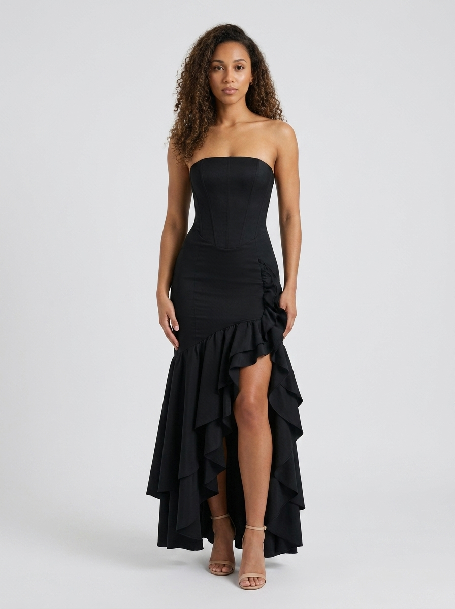 Women's Strapless Mermaid Ruffle Prom Maxi Dress - Black