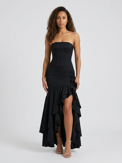 Women's Strapless Mermaid Ruffle Prom Maxi Dress - Black
