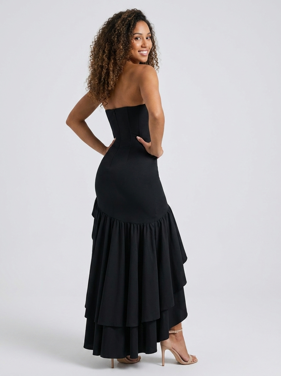 Women's Strapless Mermaid Ruffle Prom Maxi Dress - Black