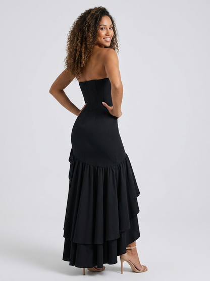 Women's Strapless Mermaid Ruffle Prom Maxi Dress - Black