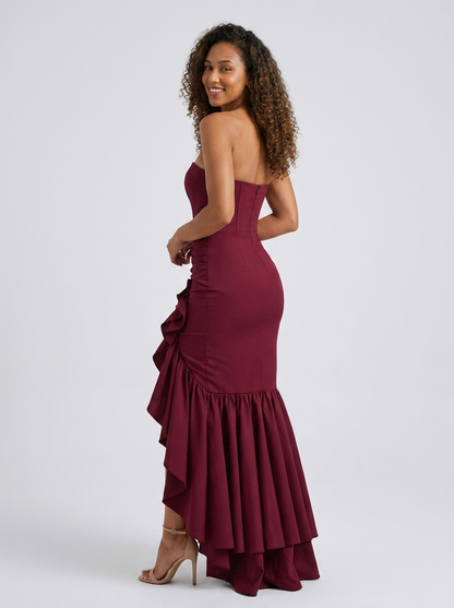Women's Strapless Mermaid Ruffle Prom Maxi Dress - Burgundy