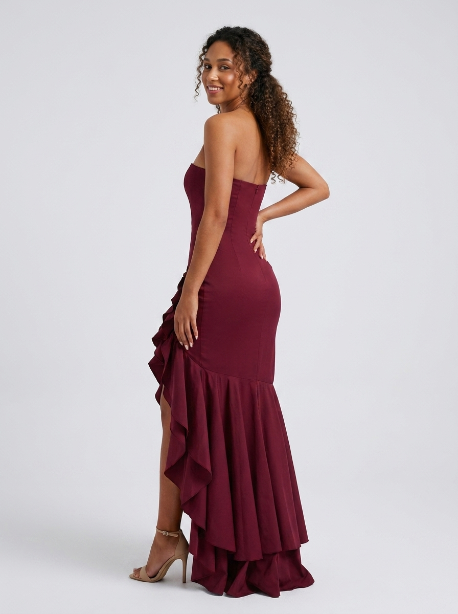 Women's Strapless Mermaid Ruffle Prom Maxi Dress - Burgundy
