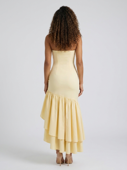 Women's Strapless Mermaid Ruffle Prom Maxi Dress - Butter Yellow
