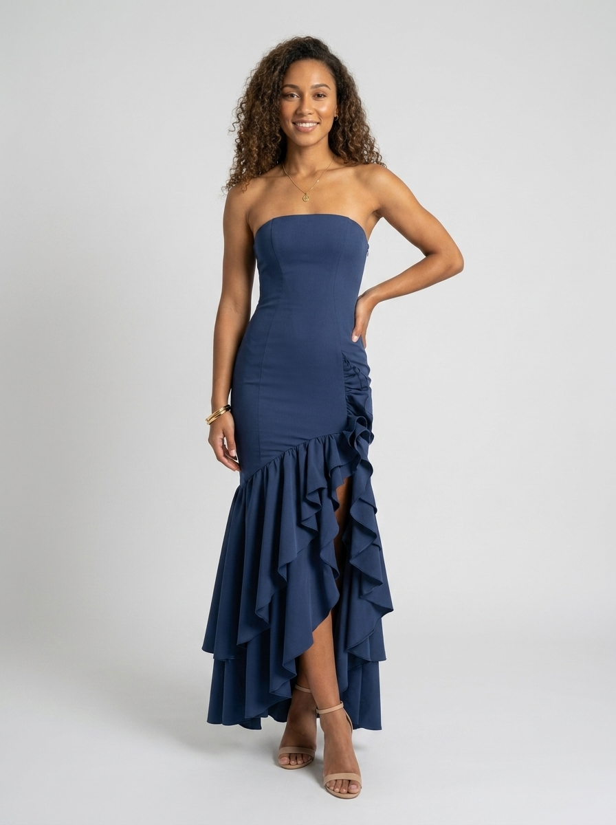 Women's Strapless Mermaid Ruffle Prom Maxi Dress - Navy Blue