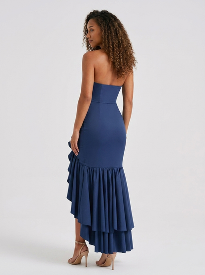 Women's Strapless Mermaid Ruffle Prom Maxi Dress - Navy Blue