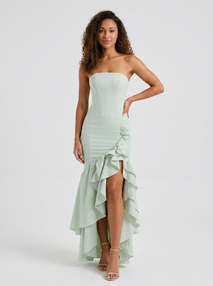 Women's Strapless Mermaid Ruffle Prom Maxi Dress - Sage