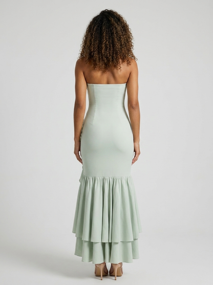 Women's Strapless Mermaid Ruffle Prom Maxi Dress - Sage