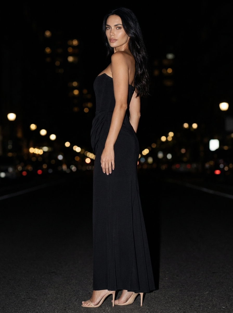 Women's Strapless Ruched Column Maxi Dress - Black