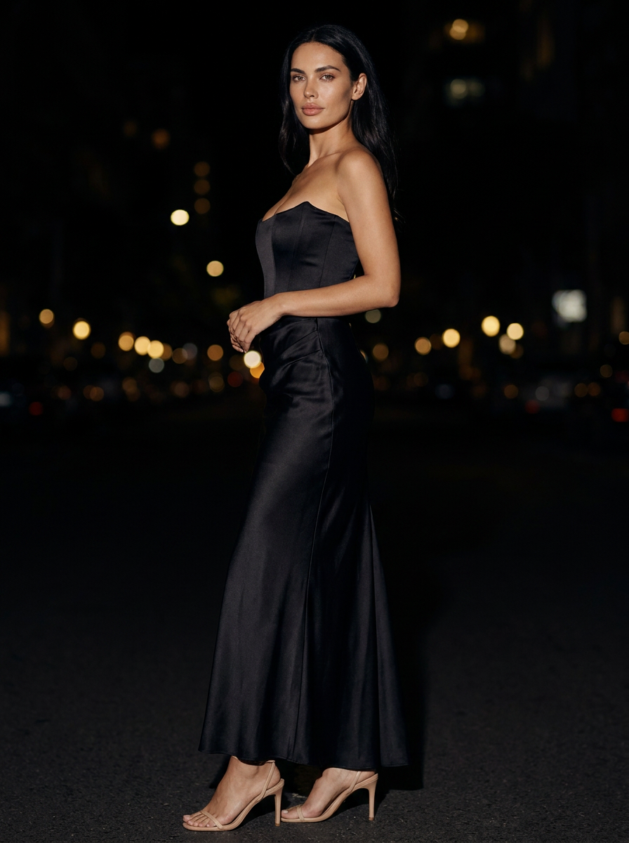 Women's Strapless Ruched Column Maxi Dress - Black