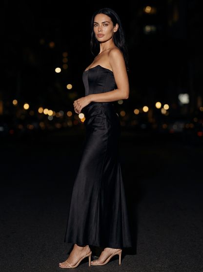 Women's Strapless Ruched Column Maxi Dress - Black