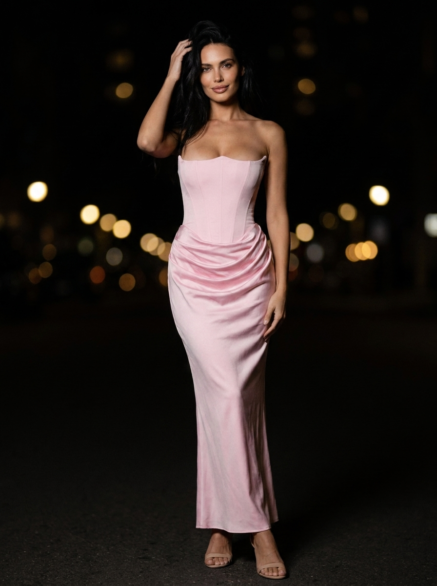 Women's Strapless Ruched Column Maxi Dress - Blush Pink