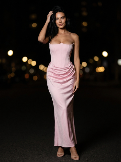 Women's Strapless Ruched Column Maxi Dress - Blush Pink