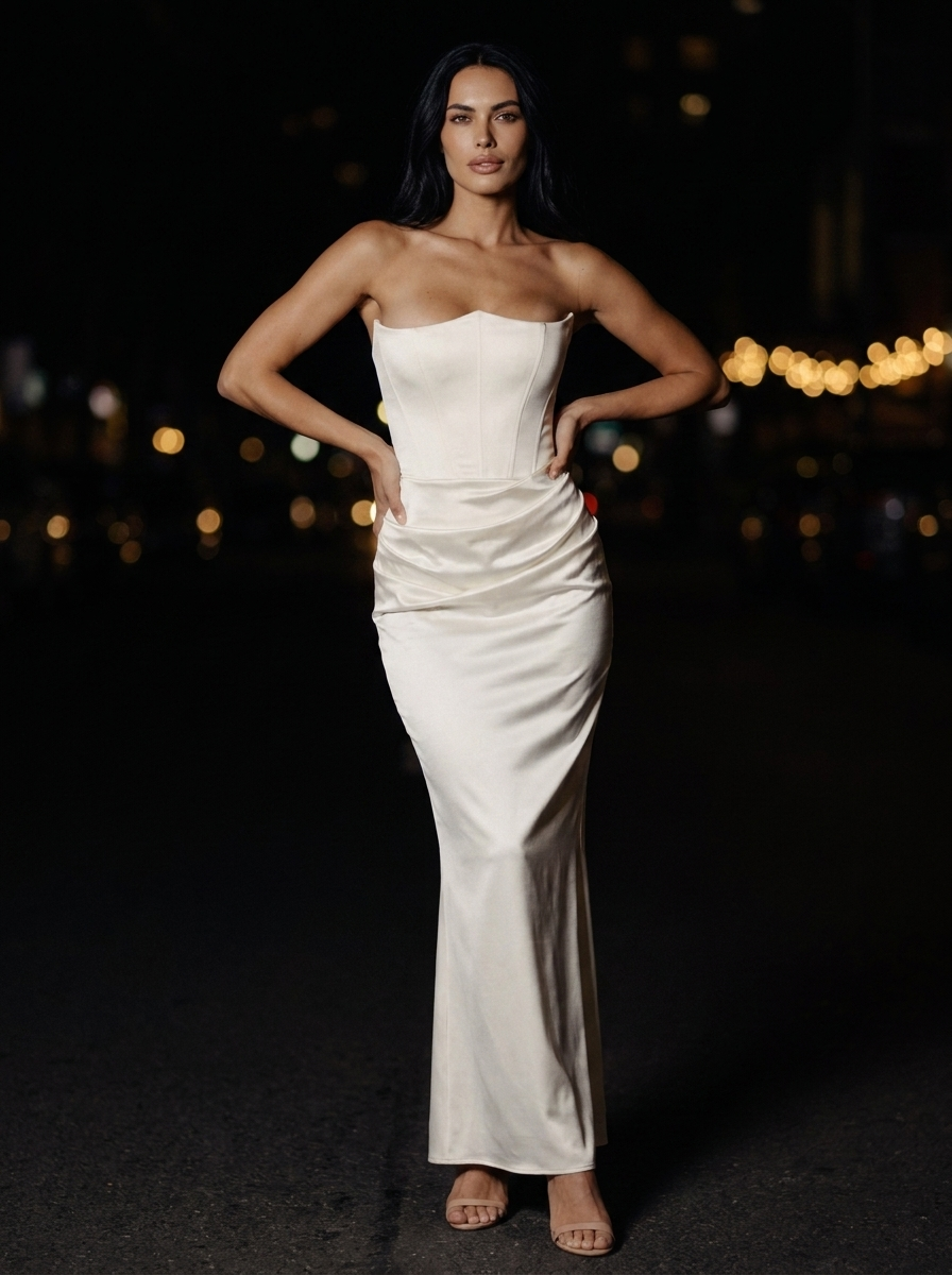Women's Strapless Ruched Column Maxi Dress - Ivory