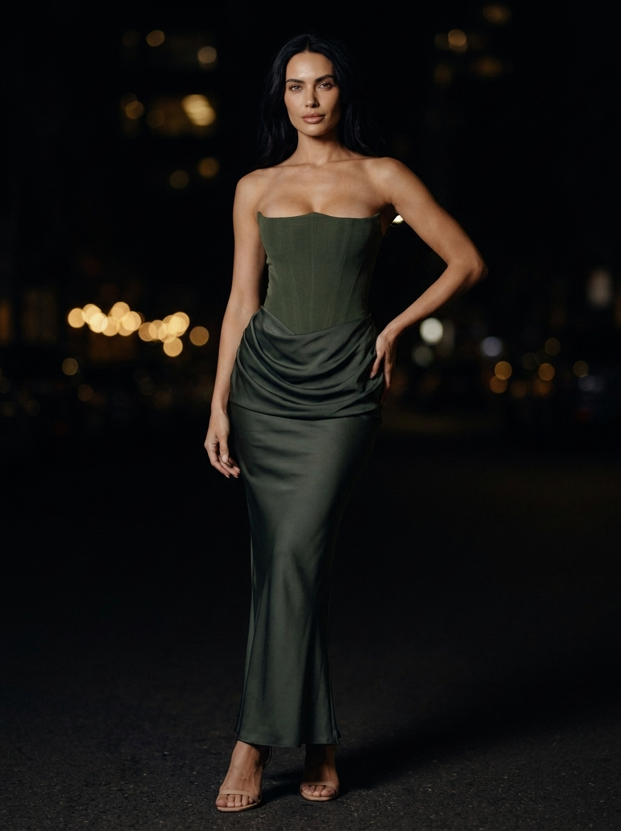 Women's Strapless Ruched Column Maxi Dress - Olive Green