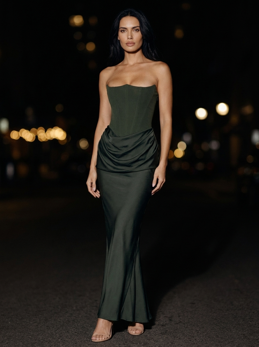Women's Strapless Ruched Column Maxi Dress - Olive Green