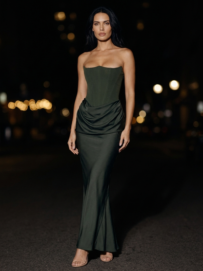 Women's Strapless Ruched Column Maxi Dress - Olive Green