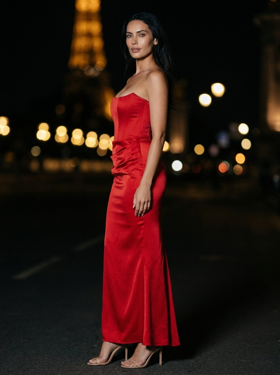 Women's Strapless Ruched Column Maxi Dress - Red