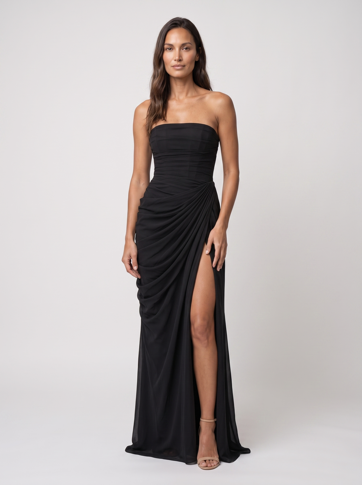 Women's Strapless Ruched Corset Formal Maxi Dress - Black
