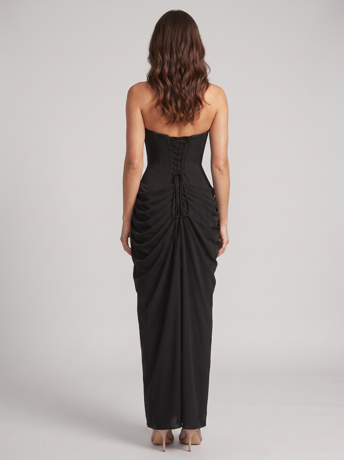 Women's Strapless Ruched Corset Formal Maxi Dress - Black