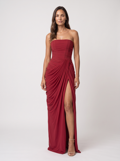 Women's Strapless Ruched Corset Formal Maxi Dress - Burgundy
