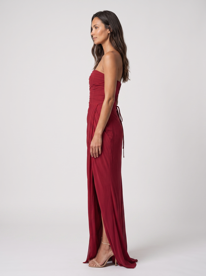 Women's Strapless Ruched Corset Formal Maxi Dress - Burgundy
