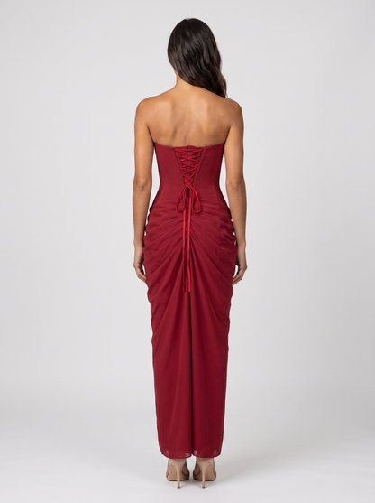 Women's Strapless Ruched Corset Formal Maxi Dress - Burgundy