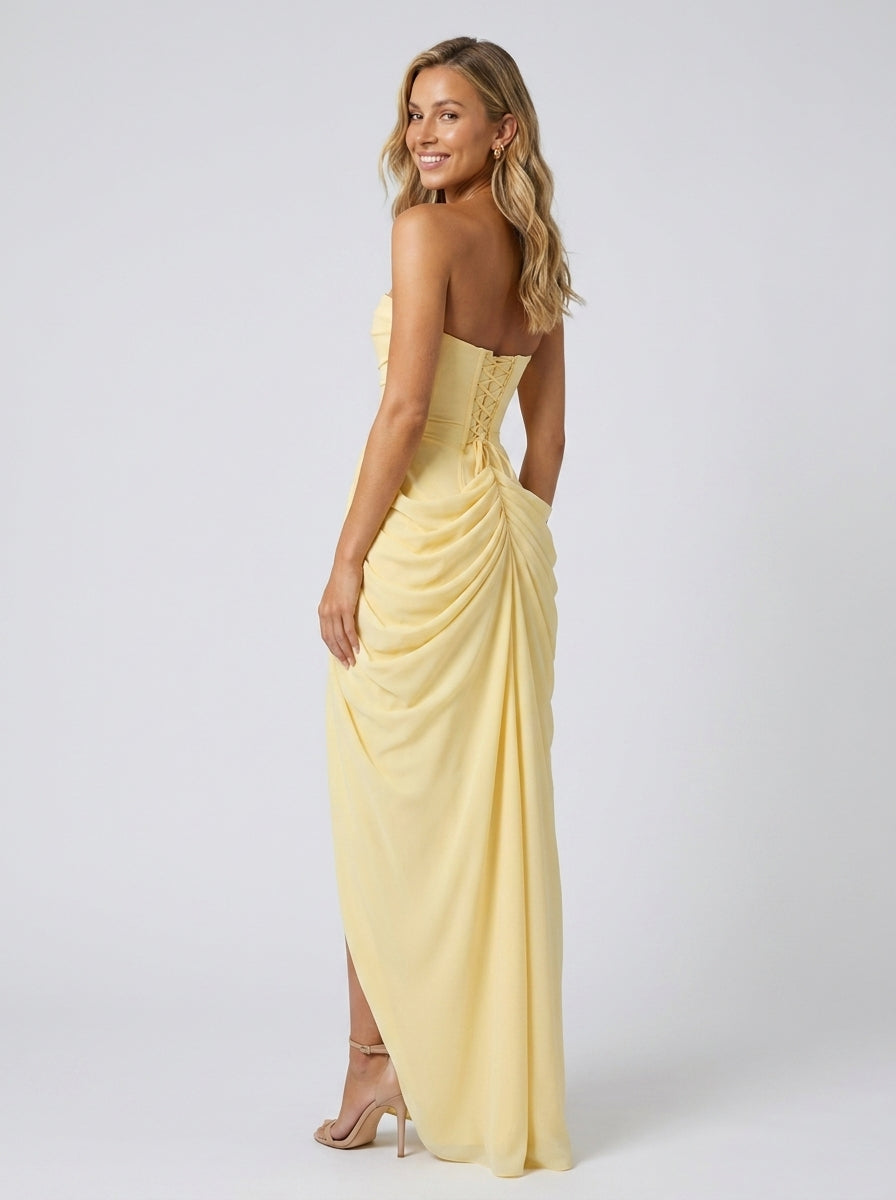 Women's Strapless Ruched Corset Formal Maxi Dress - Butter Yellow