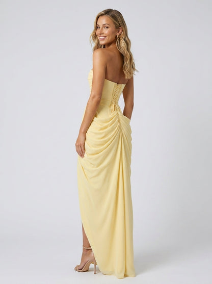 Women's Strapless Ruched Corset Formal Maxi Dress - Butter Yellow