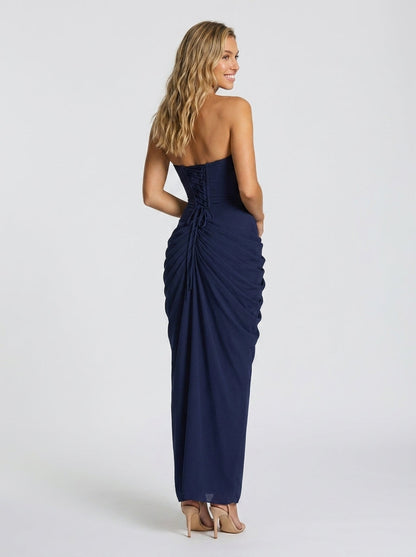 Women's Strapless Ruched Corset Formal Maxi Dress - Navy