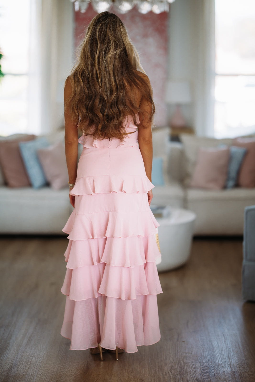 Women's Strapless Ruffle Tiered Maxi Dress - Blush Pink