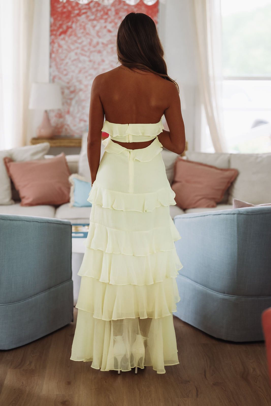 Women's Strapless Ruffle Tiered Maxi Dress - Butter Yellow