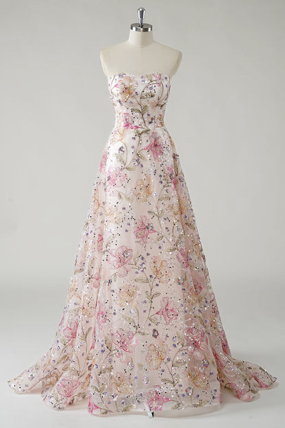 Women's Strapless Sequin Floral Prom Maxi Dress - Ivory Floral