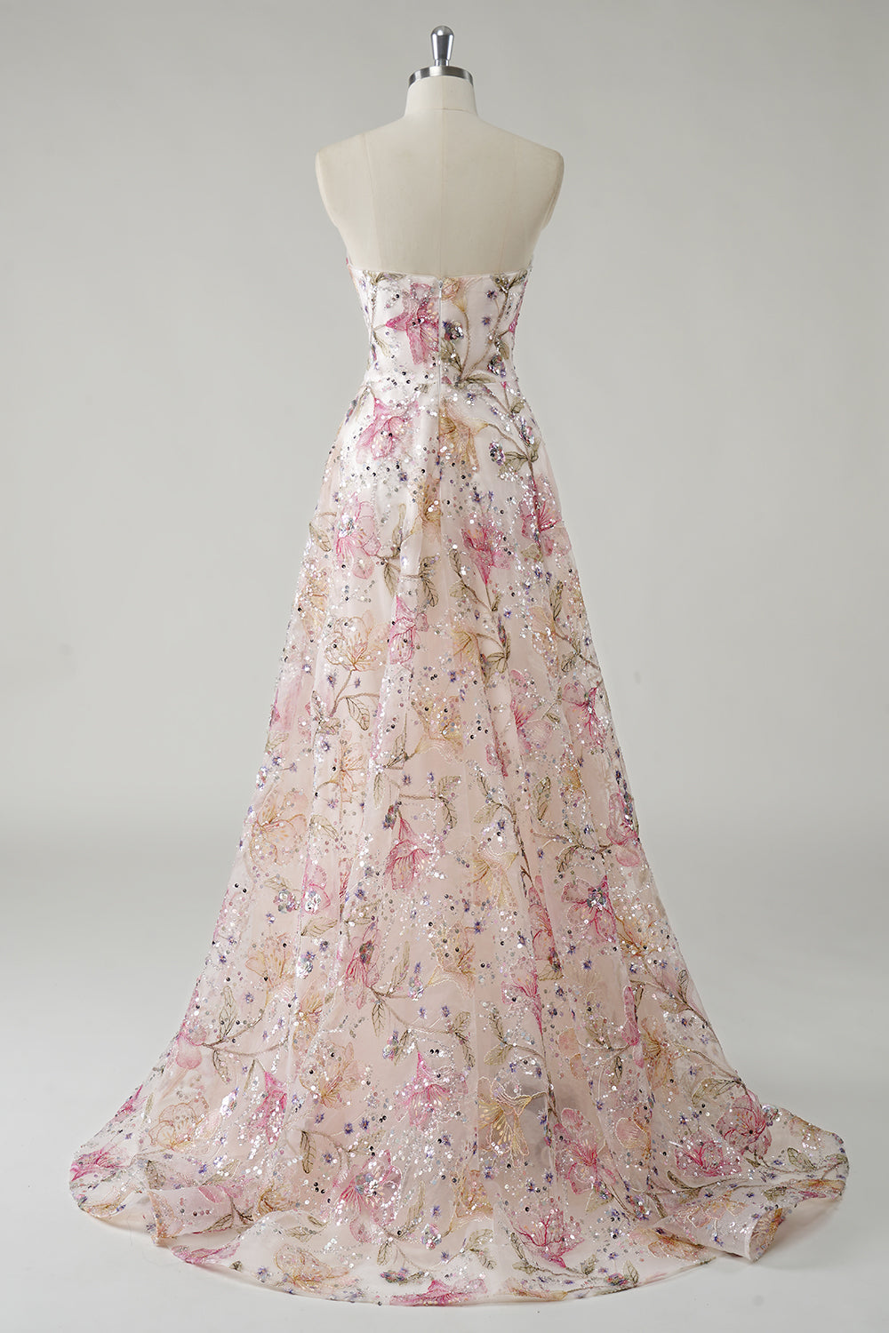 Women's Strapless Sequin Floral Prom Maxi Dress - Ivory Floral