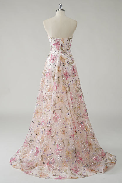 Women's Strapless Sequin Floral Prom Maxi Dress - Ivory Floral