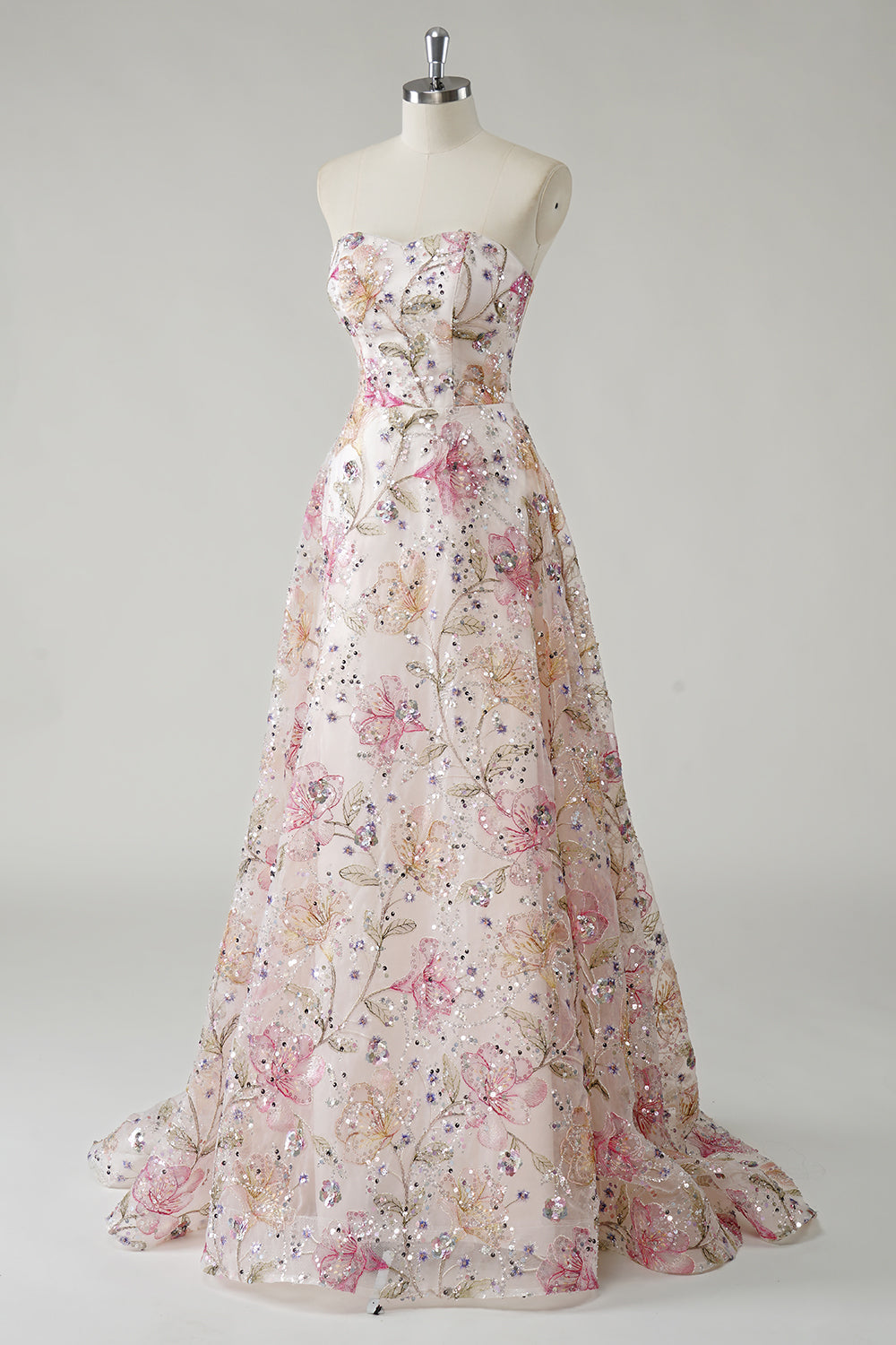 Women's Strapless Sequin Floral Prom Maxi Dress - Ivory Floral