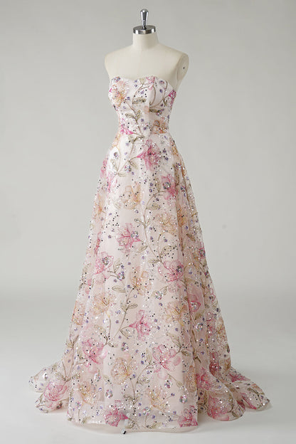 Women's Strapless Sequin Floral Prom Maxi Dress - Ivory Floral