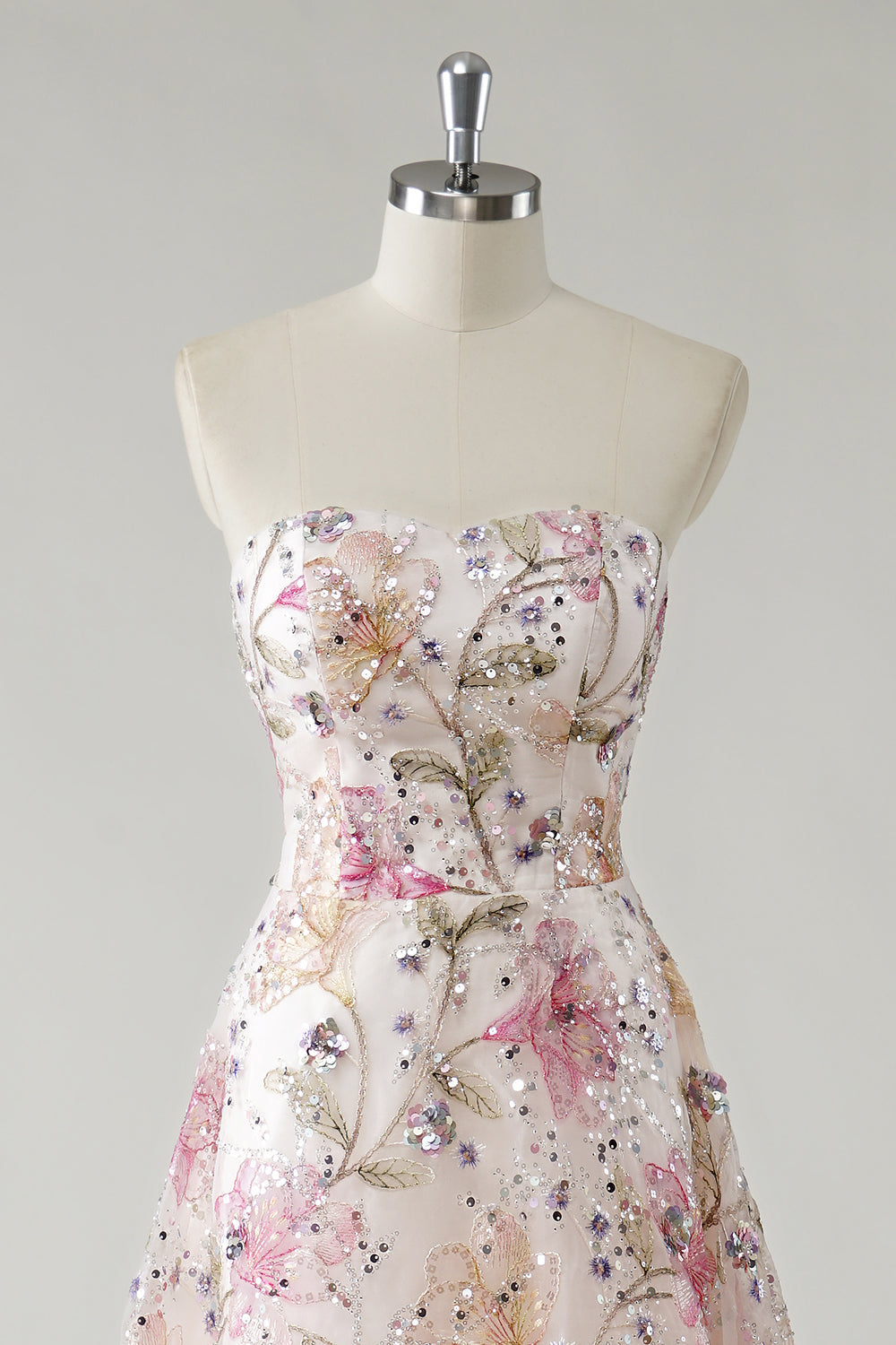 Women's Strapless Sequin Floral Prom Maxi Dress - Ivory Floral