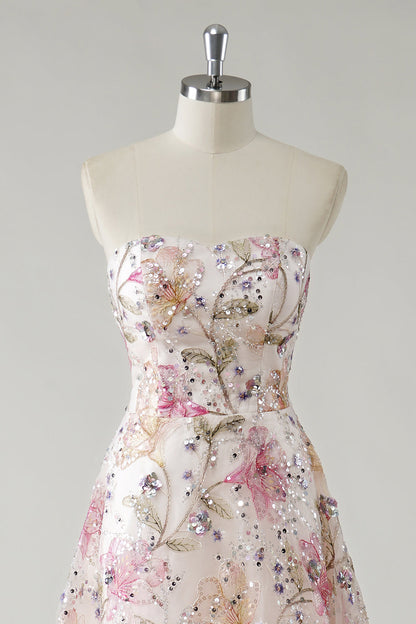 Women's Strapless Sequin Floral Prom Maxi Dress - Ivory Floral