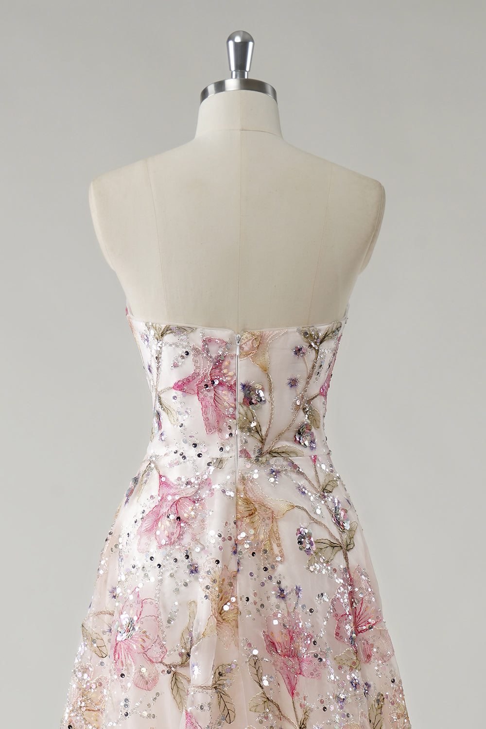 Women's Strapless Sequin Floral Prom Maxi Dress - Ivory Floral